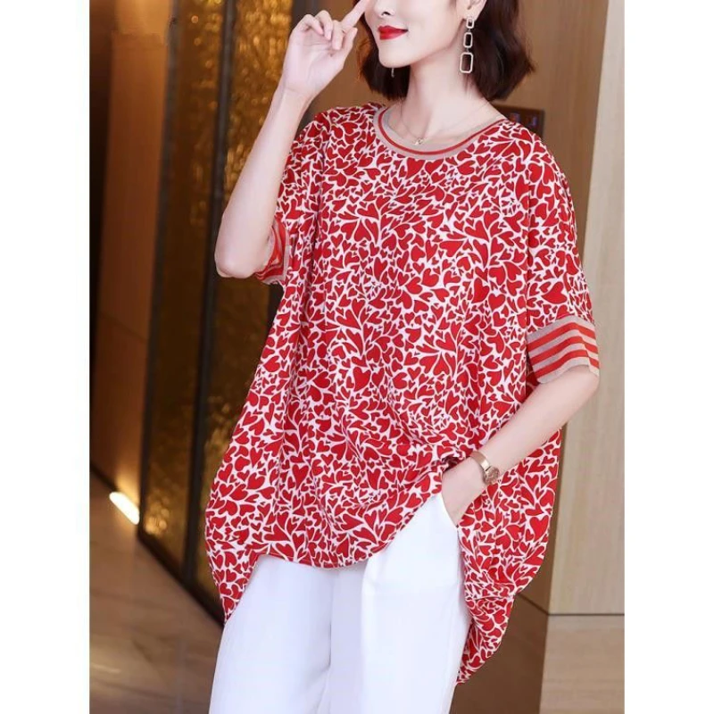 

2024 Summer Oversize Women's Clothing Lace Patchwork Round Neck Printing Long Tops Women Fashion Casual Asymmetrical T-shirt