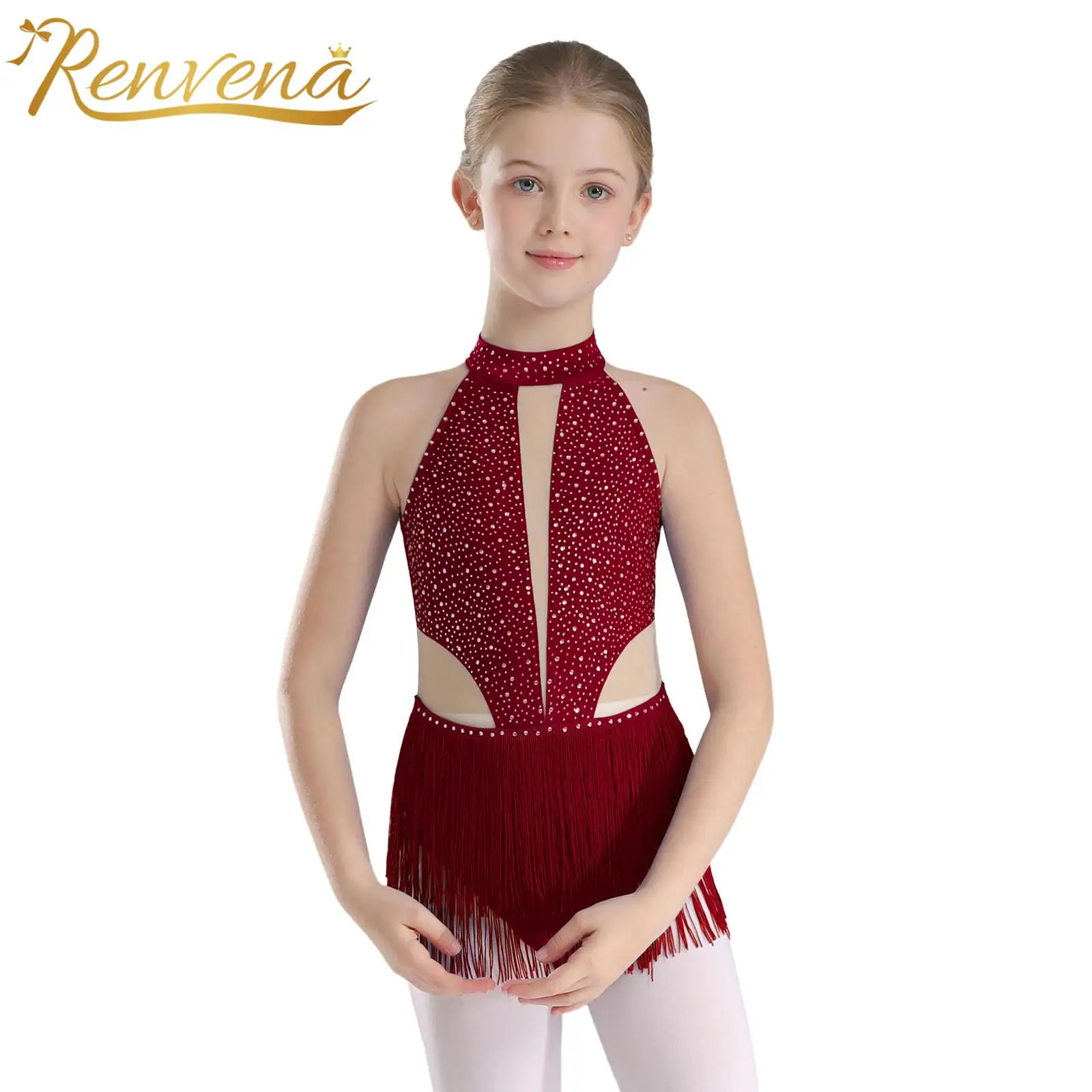 

Kids Girls Sleeveless Tassel Jumpsuit Latin Dance Leotard Stage Backless Fringed Bodysuit Performance Competition Dancing Wear