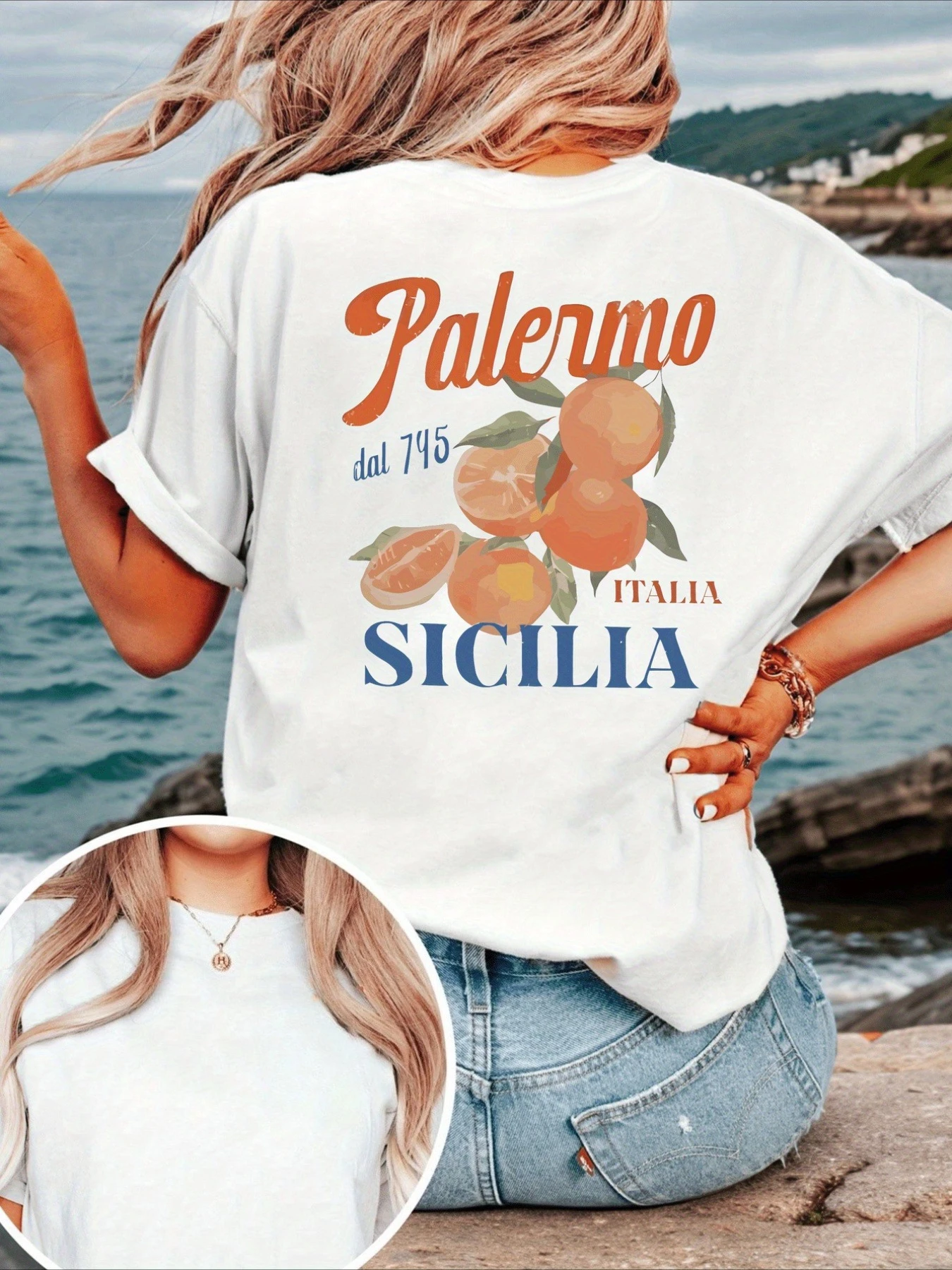 Casual Short Sleeve T-Shirt Vintage Sicilian Citrus Fruit Back Print Women's Shirt Round Neck Graphic Top Tee Female Clothing