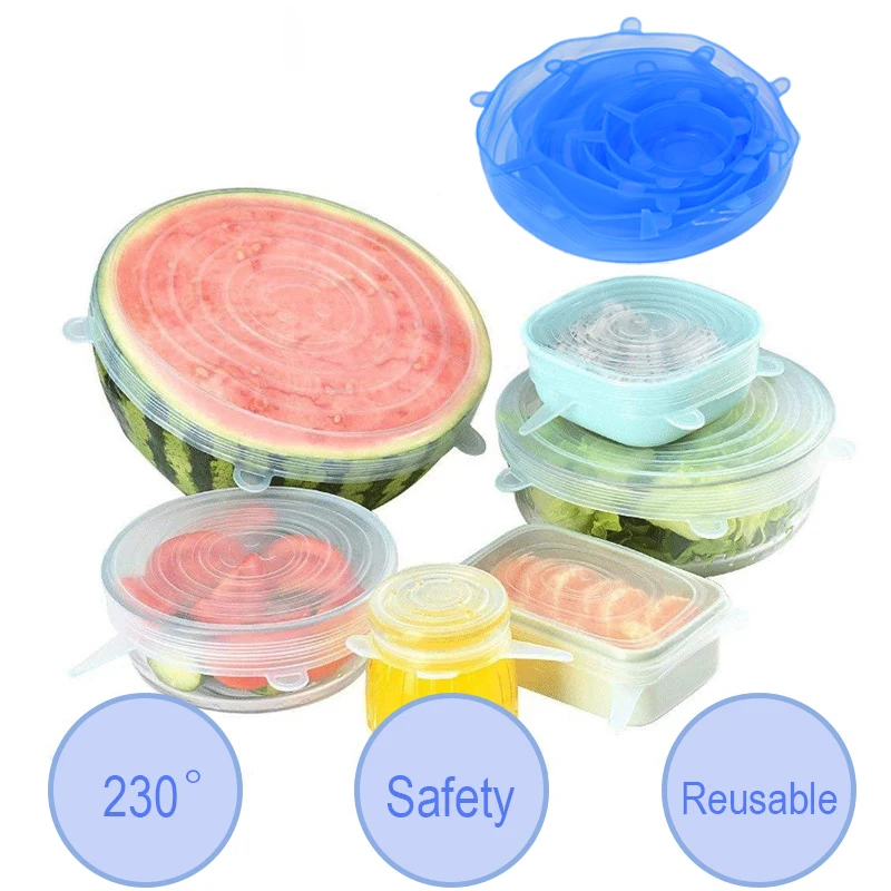 6PCS Silicone Fresco-manutenção Tampa Reutilizável Stretch Canning Tampas Geladeira Microondas Hermético Plástico Envoltório Acessórios de Cozinha