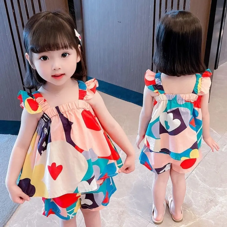 

Strap Shorts Set 2024 Summer New Girls Baby Casual Dress Vest + Short Pants 2 PCS Two Piece Set Fashion Children's Summer 6 Year