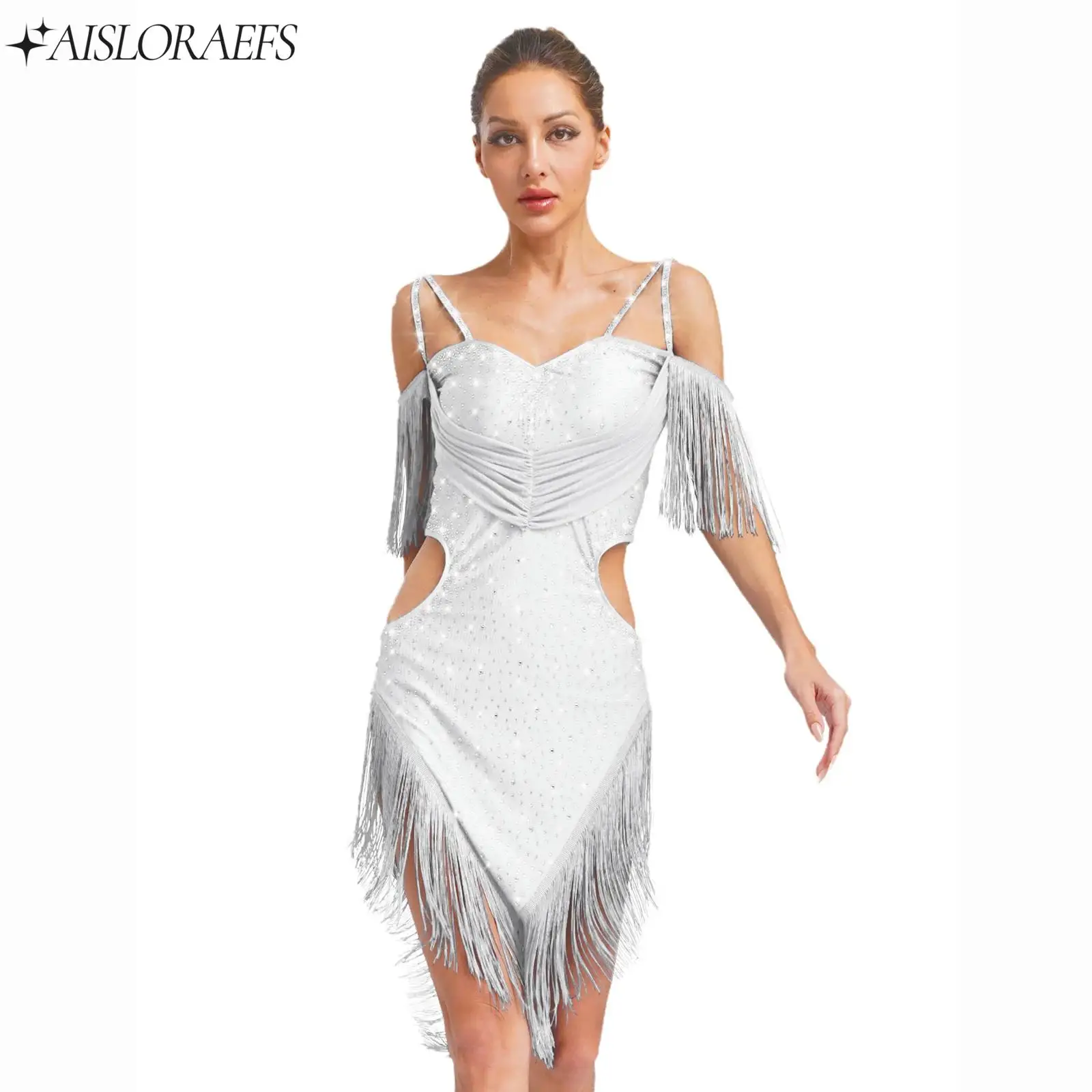 

Fashion Women Rhinestones Latin Dance Leotard Dress Cha-Cha Tango Performance Wear Cutout Backless Spaghetti Straps Fringe Dress