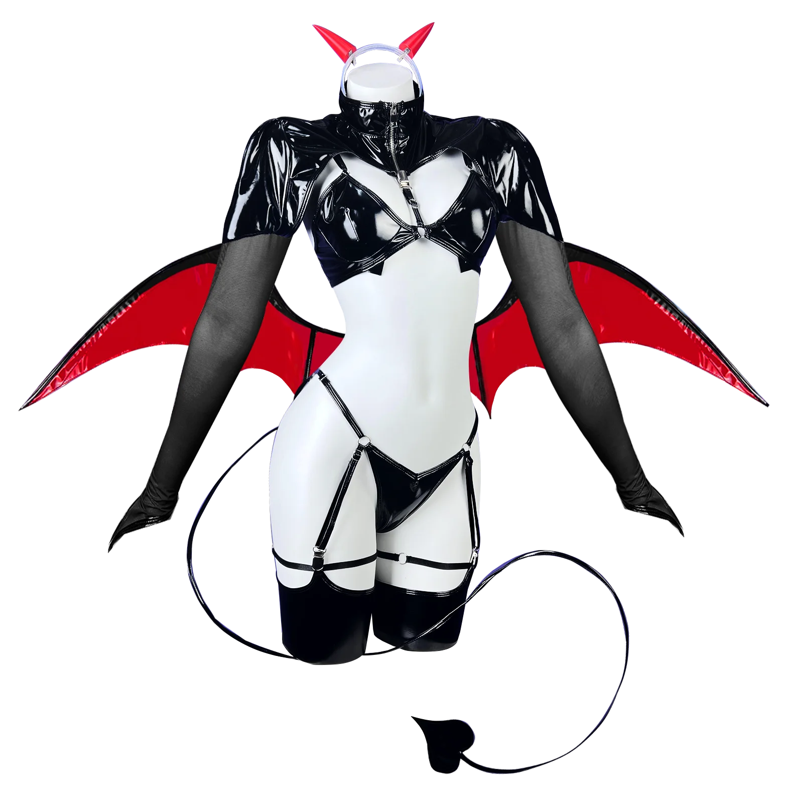 

KORURACLUB Cosplay Love Heart Succubus Lingerie PU Leather One Piece Bodysuit For Women (6-PIECE SET)