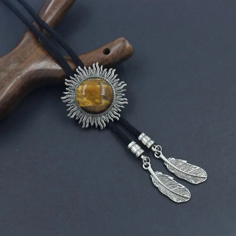 L5YA ربطة عنق غربية بربطة عنق مضفرة وحزام رائع وقلادة من الحجر المنقوش للنساء والرجال