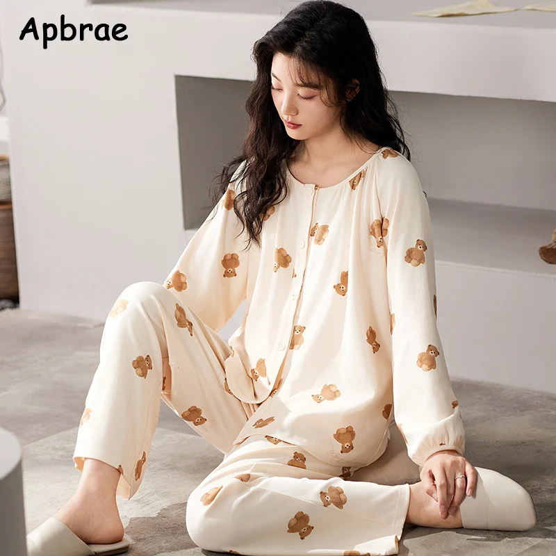 Women Cotton Pajama Sets Autumn Winter Long Sleeves Long Pants Pajamas Cute Ruffled Cuff Homewear Woman Cardigan Sleepwear