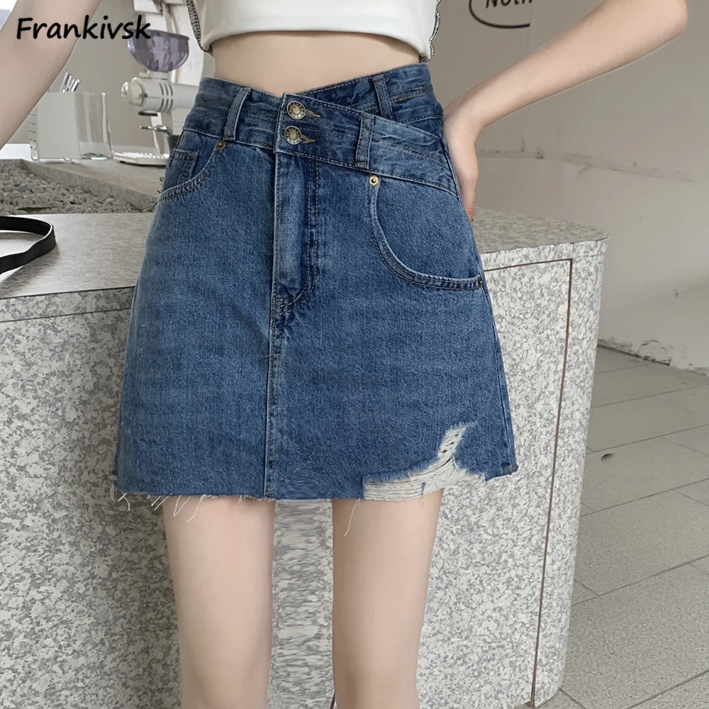 

Frayed Skirts Women Denim Asymmetrical Washed Solid Slim Above Knee Elegant High Waist Spring Harajuku European Style Retro Chic