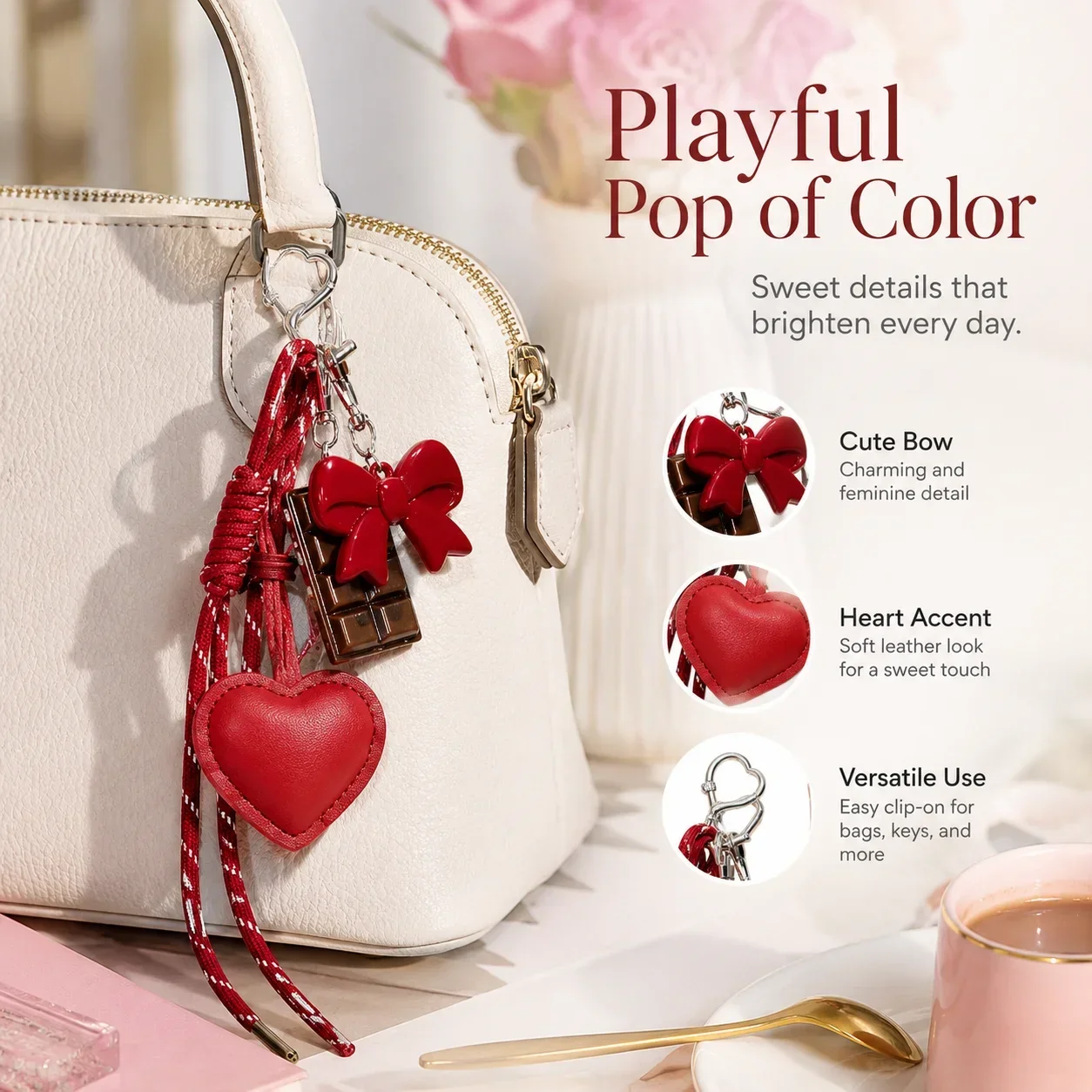 Minimalist Solid Braided Cord Key Holder Bow PU Heart Pendant Ins Style Girls Backpack Bag Charm