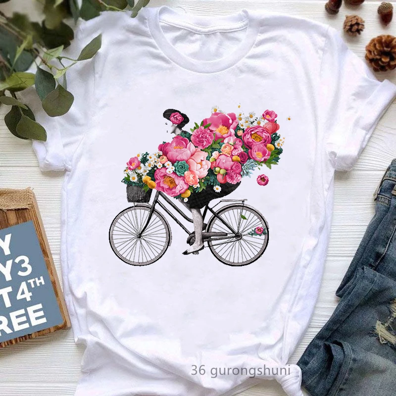 

Choose To See The Good Girls Ride Bicycle Print Tshirt Women Pink Flowers T Shirt Femme Summer Tops Tee Fashion Female T-Shirt