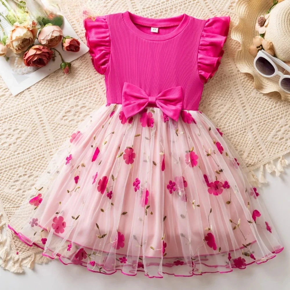 

Летнее повседневное платье для девочек в европейском и американском стиле, без рукавов, с цветочным принтом и сетчатыми вставками, в стиле принцессы