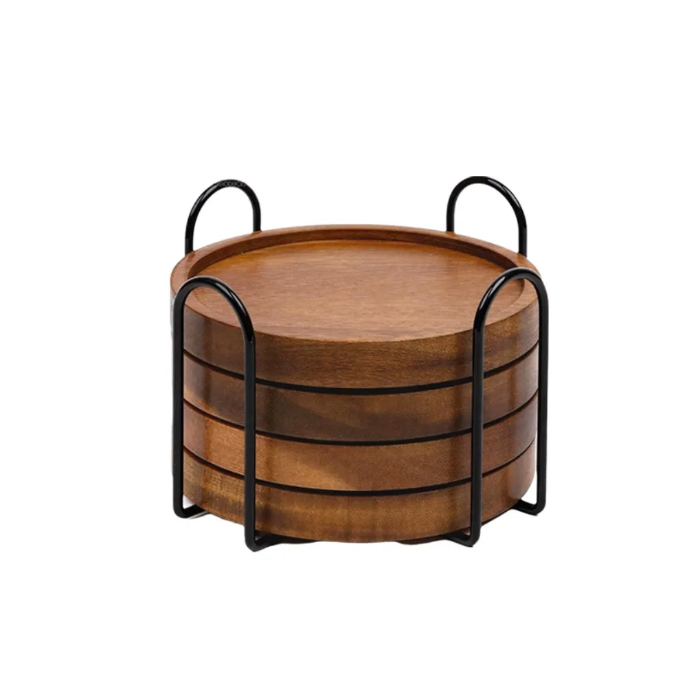 

4/6pcs Round Wood Coasters Thickened Non-slip Insulated Cup Mat With Holder Anti-scalding Table Protection Drink Coaster Outdoor