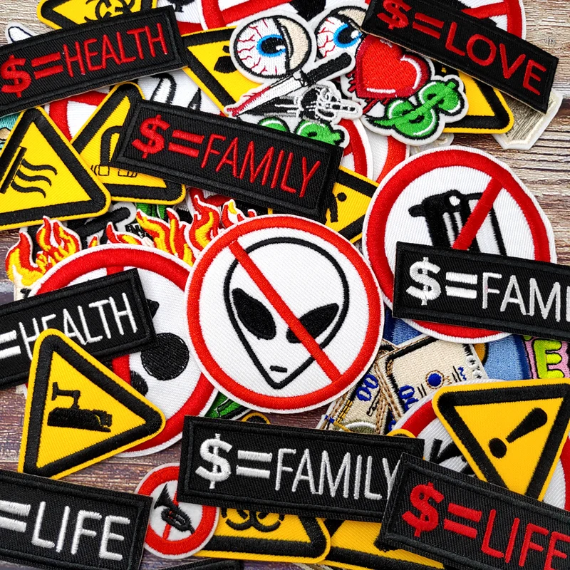 Warning Prohibit Sign Patches Embroidery For T-Shirt Iron On Appliques Clothes Jeans Stickers Badges Money