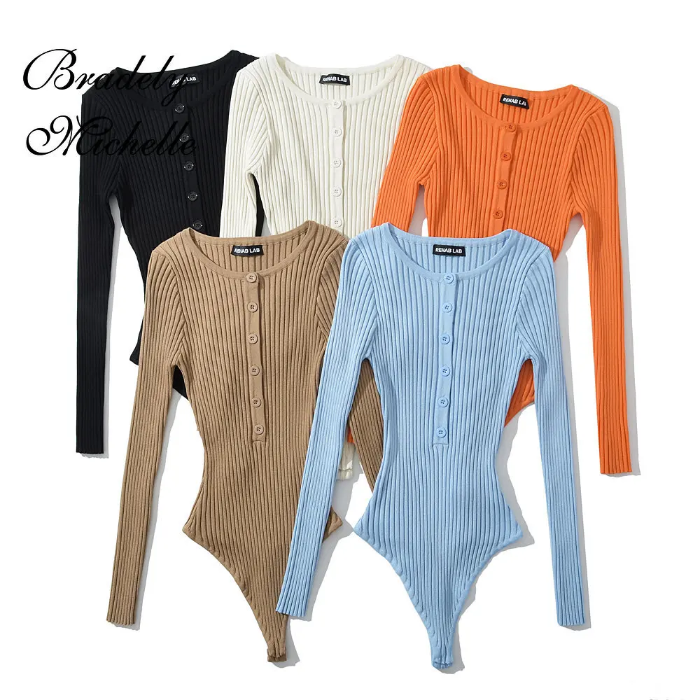 2023 New Casual Fashion Women's Tops Knit Long-sleeved Round Neck Buckle Solid Color Pullover Bodysuit Jumpsuit Top