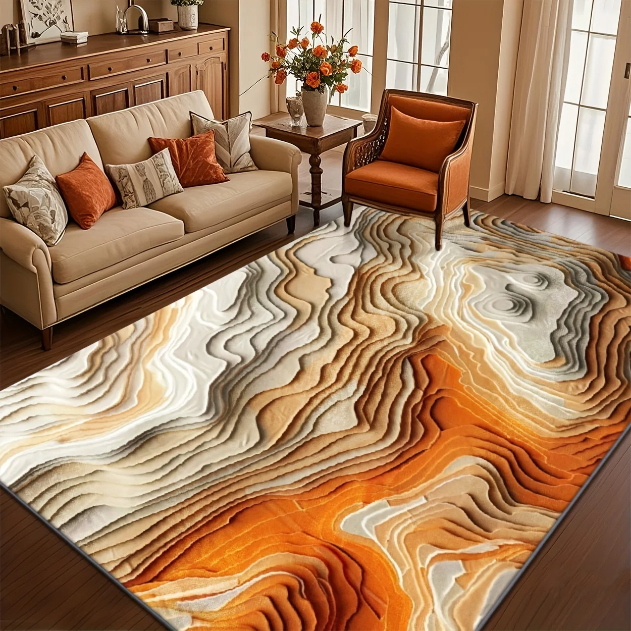 Orange Brown Topographic Abstract Area Rug, Modern Layered‑art Floor Decor, Versatile Home Ornament for Living Room, Bedroom
