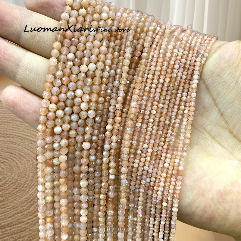 Natural Stone 2 3 4MM Faceted Round Sunstone Loose Spacer Beads for Jewelry Making Diy Earrings Bracelet Charms Accessories