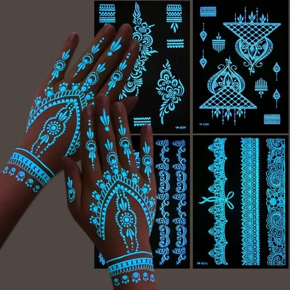 

6 Sheets Blue Luminous Henna Tattoo Stickers Glow in the Dark Lasting Mandala Temporary Tattoos Body Art Sweatproof