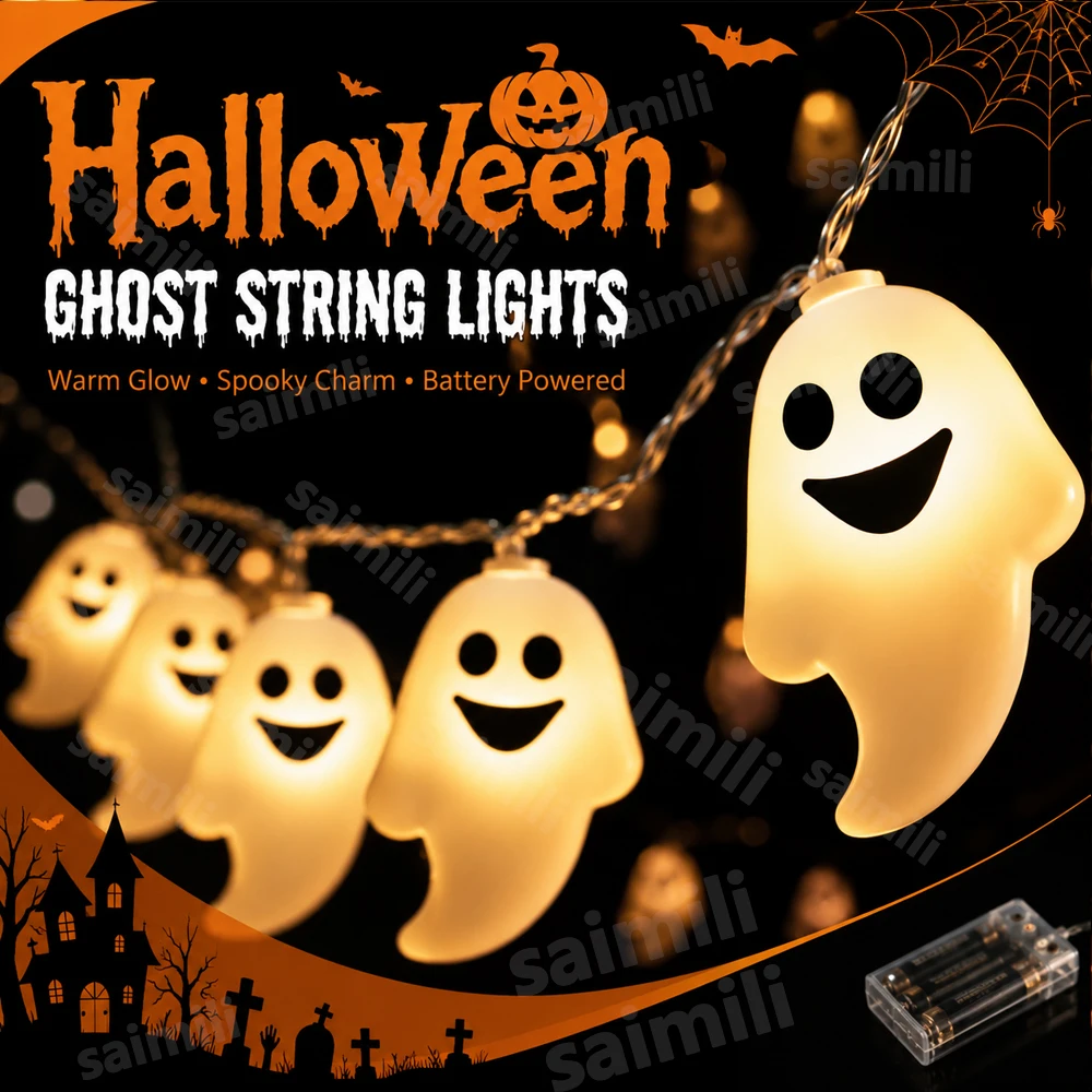 Battery Halloween Ghost Fairy Lights Waterproof Warm Glow Hanging Ornament For Indoor Outdoor Home Holiday Party DIY Decoration