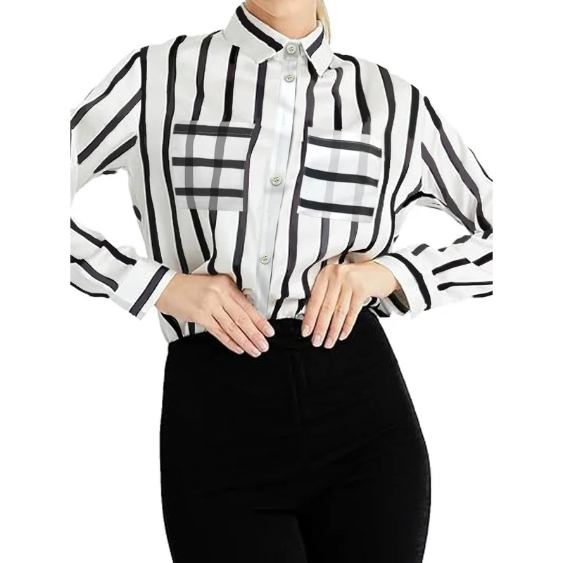 Fashion Contrast - Color Striped and Plaid Pocket - Designed Shirt for Autumn, A Great Choice for Commuting and Going Out