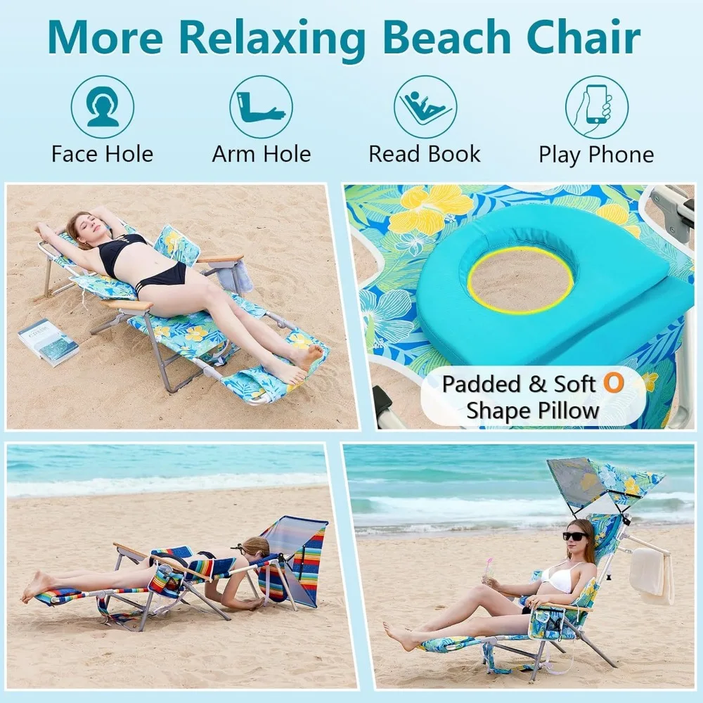 Lettino da spiaggia 4 in 1 con baldacchino, sedia abbronzante, fori per il viso e le braccia, cuscino lombare, braccioli in legno di faggio per un massimo rilassamento