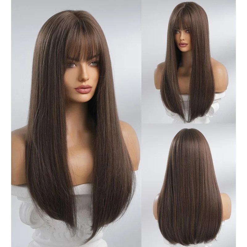 

Cosplay Wigs With Bangs Long Straight Heat Resistant Hair Dark brown