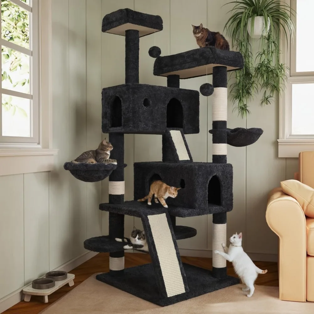 Grande Cat Tree Tower para Indoor Big Cats, Plush Poleiros, Cat Condo, Sisal Arranhar Posts, Rede e Cestas, 66"