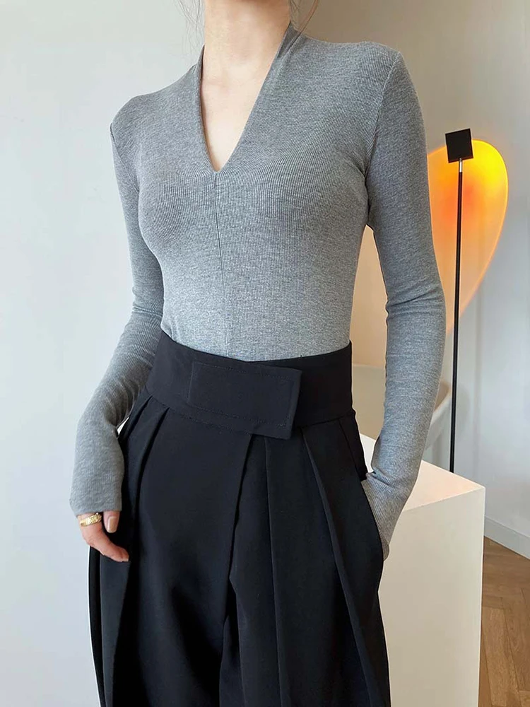 [EAM] Women Black Gray White Brief Slim Elegant Plain T-shirt New V-Neck Long Sleeve Fashion Tide Spring Autumn 2024 1DH6662