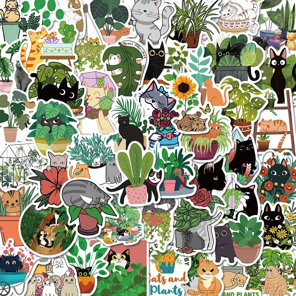 

50Pcs Cat and Plant Series Cartoon Stickers Cute Personality Creative Handbook Computer Mug Decoration Waterproof Stickers