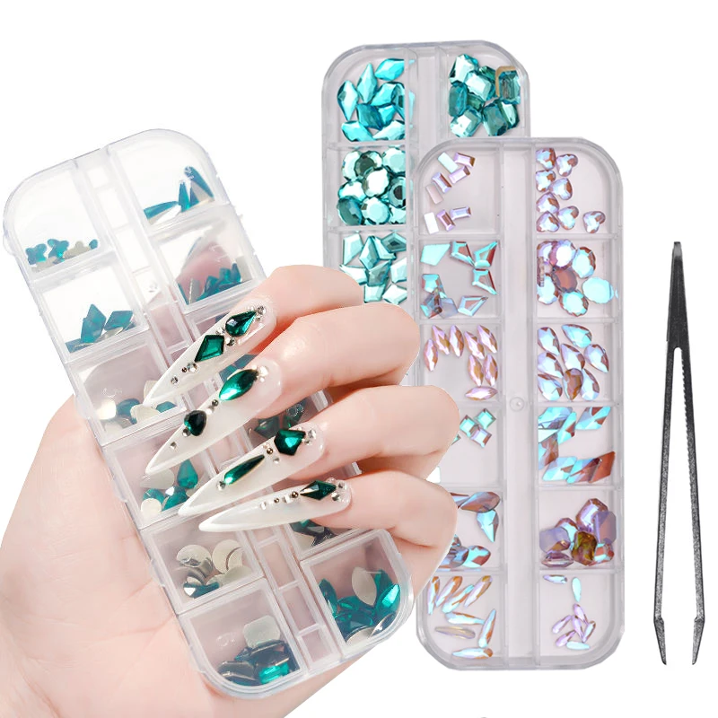 

12Girds Box Multi Size With Tool Colourful Rhinestones Flatback Crystal Diamonds Gems 3D Glitter Nail Art Luxurious Decorations