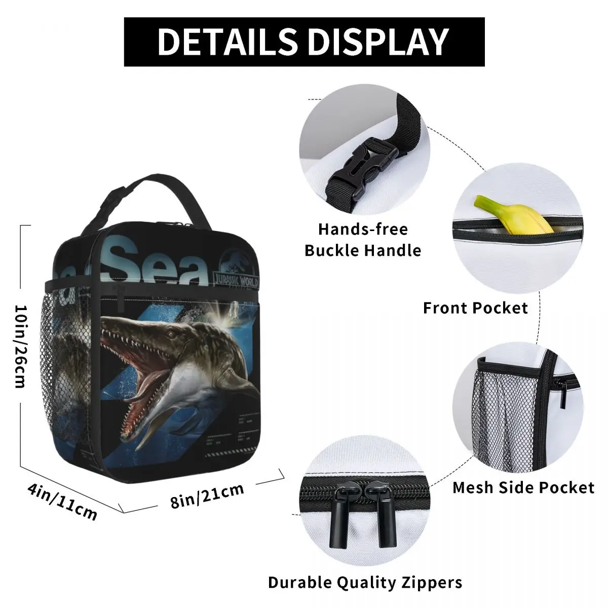 Bolsa de almuerzo Jurassic World Rebirth Mosasaurus Sea Dinosaurio, fiambrera portátil con cremallera, bolsa refrigeradora de diseño gráfico de viaje Unisex