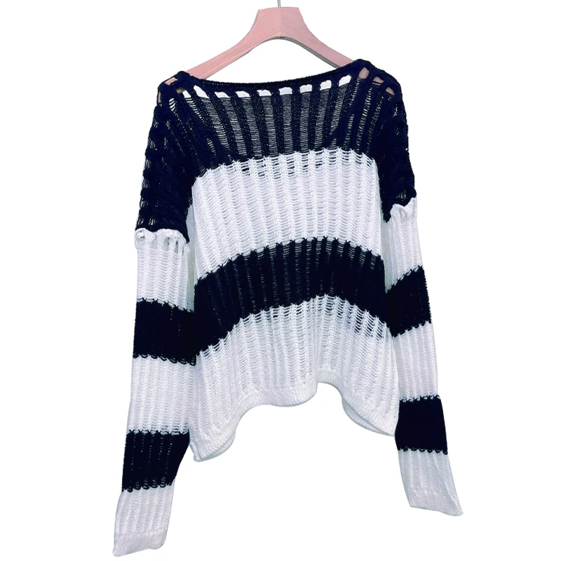 Loose Hollow Sunblock Blouse for Women Striped Knitted High Quality New Style Design Niche Fashion Y2k Early Autumn 2023