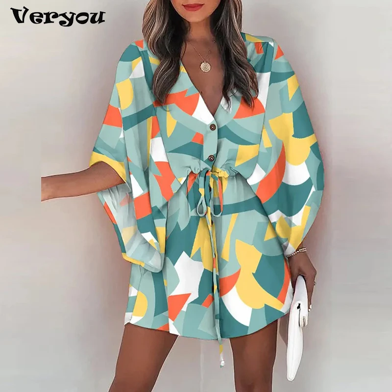 Vestido corto informal bohemio para mujer, traje holgado con estampado de encaje y manga de murciélago con botones, ideal para vacaciones en la