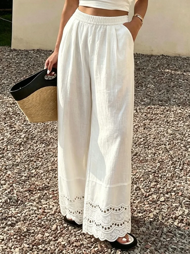 Women Solid Wide Leg Pants Elastic High Waist Lace Hem Side Pocket Loose Spring Summer Fashion New Casual Simple Trousers