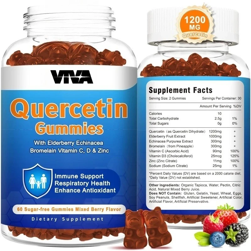 

Мягкие конфеты Quercetin объемом 1200 мг с витамином С, цинком и бузиновым бромеляном для поддержки здоровья иммунной системы