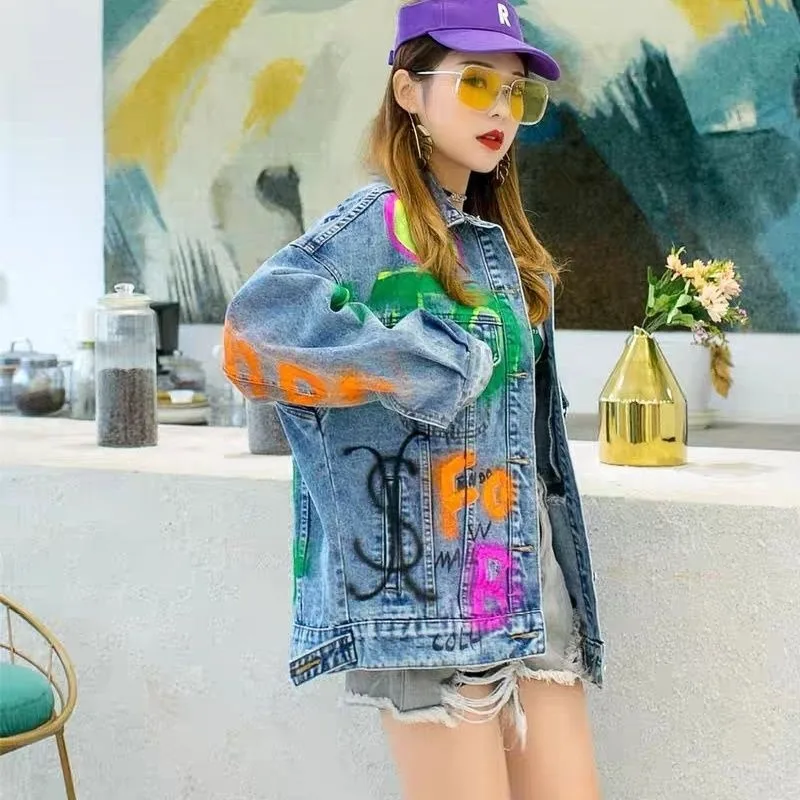 Women's Clothing Denim Coat Autumn Loose Blue Jean Jacket Woman Short Korean Heavy Duty Retro Thailand New Graffiti Versatile