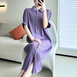 Fashion Miyake Pleated Women Single Breasted Shirt Dress 2024 New Summer Oversize Lapel Half Sleeve Loose Stretch Purple Dresses