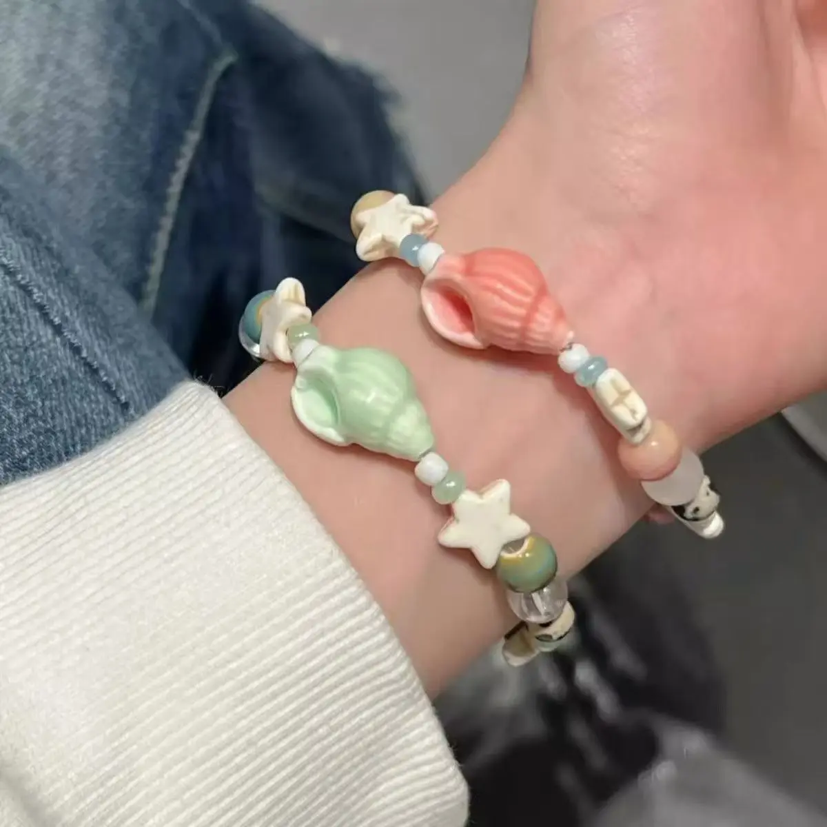 Vacation Style Conch & Star Ceramic Beaded Bracelet for Women, Light Luxury, Unique & Exquisite Bracelet, Stylish Hand Jewelry for Students