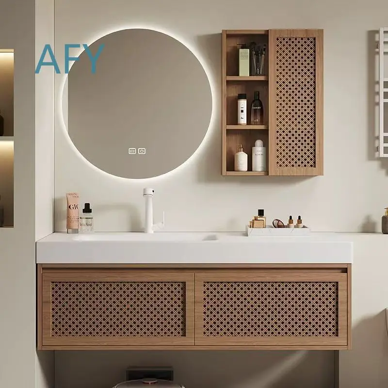 Corian Solid Surface Basin for Vintage Wicker Bathroom Vanity Set Natural Wood Style Washstand Sink for Bathroom Remodeling