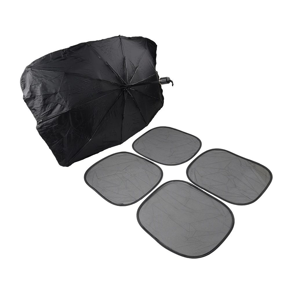 Front Window Cover Visor Umbrella Car Windshield Sun Shade 5 Pcs Coated Cloth Steel Bone Mesh Fabric Large Silver  Black