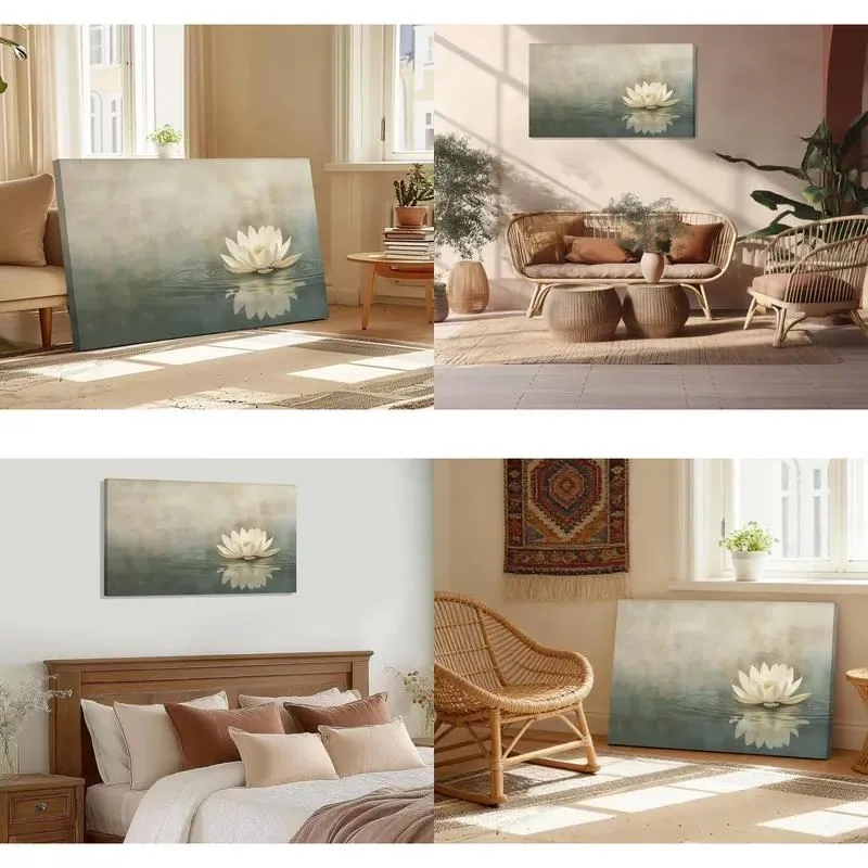 Handmade Oil Painting on Canvas White Water Lily Blooming Flower Art for Home Wall Decor