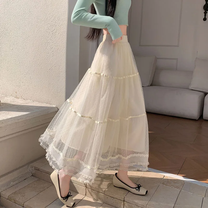 

Новинка! Женская юбка миди А-силуэта из сетки с высокой талией и эластичным поясом, светло-бежевая, весна-лето