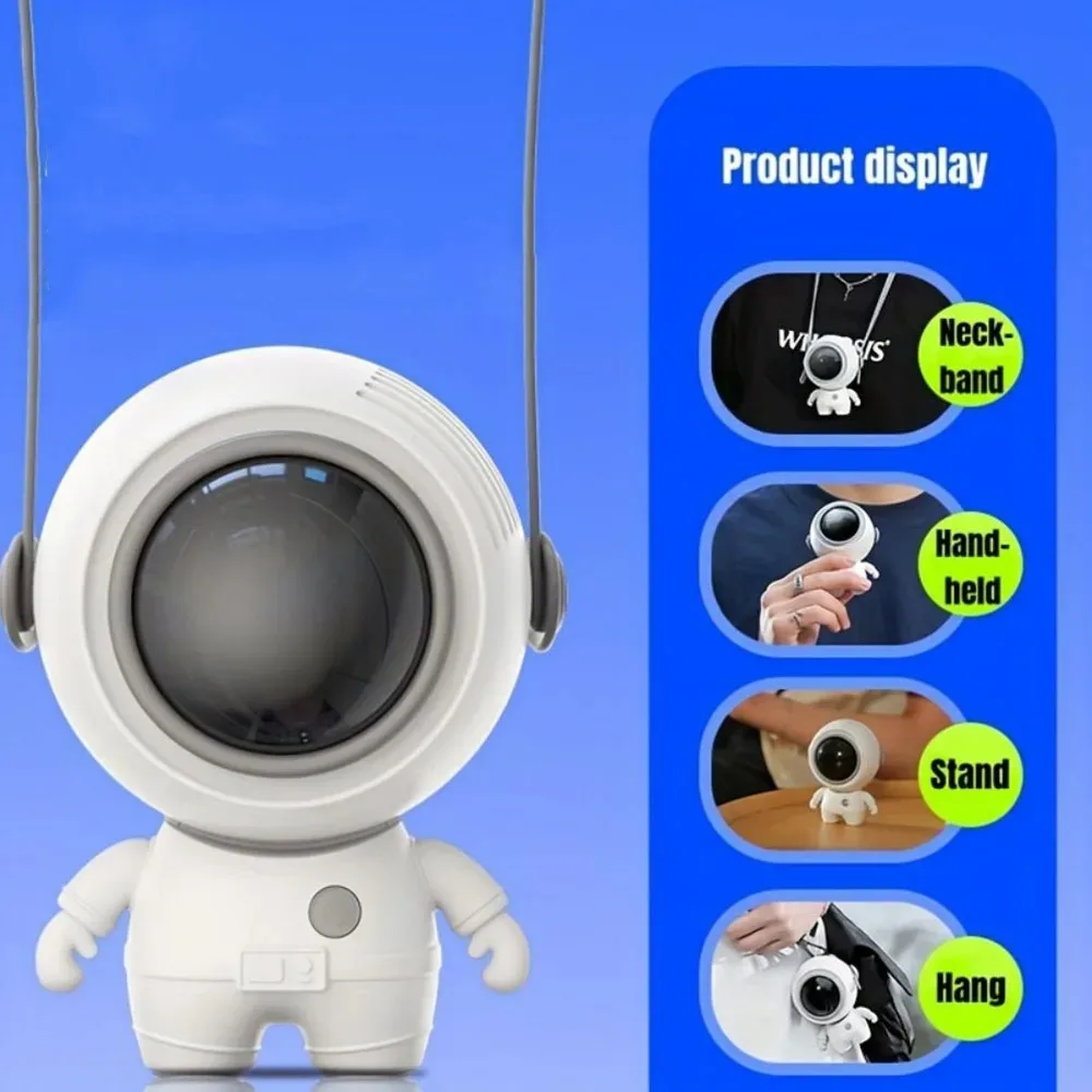 Hanging Neck Leafless Astronaut Small Electric Fan,  Rope Small Fan, Hanging Neck Handheld Small Fan Desktop Fan,  Holiday Gifts