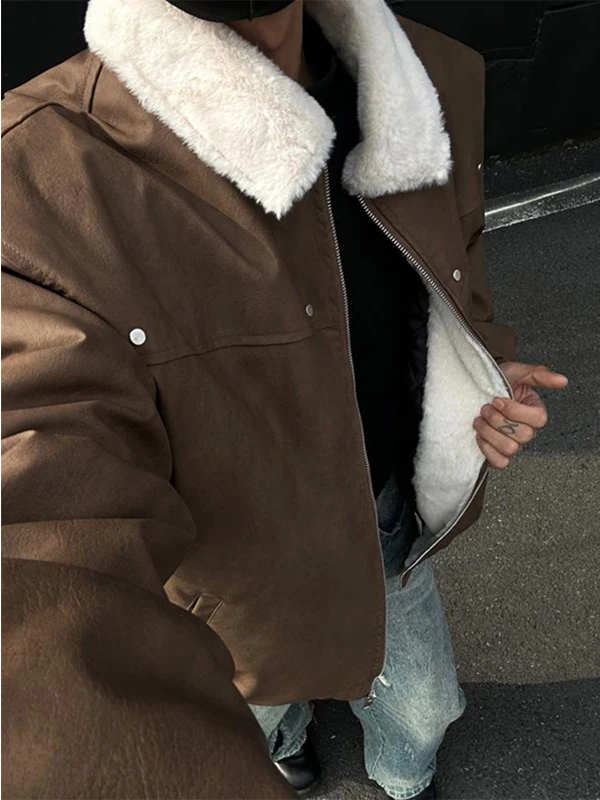 

Caramel Lamb Fur Jaet Men's Winter Turn-down Collar Workwear American Retro Motorcycle Leather Coat down Cotton Clothes