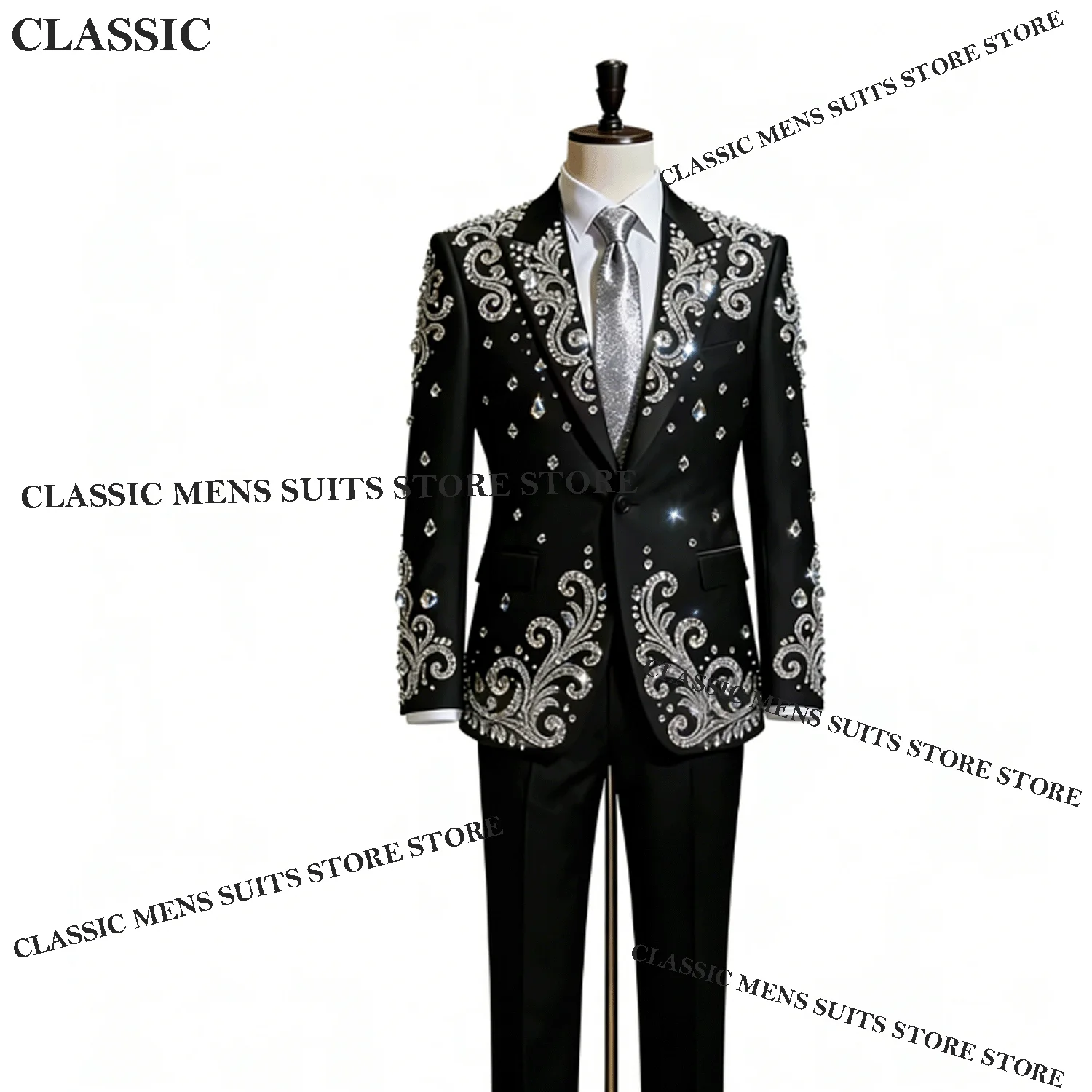 

Customized Fashion For Wedding Groom Embroidery Luxury Gem Male Prom Party Blazer 2 Pieces Sets Men Suit Tuxedos Slim Fit Homme