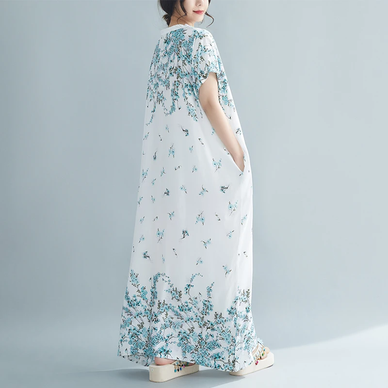 N Lange Gedrukt Dr V-Ne Knielange Katoen Zijden Gewaad Zomer Nieuwe Sle Fre Bloemen Damesjurk H-ape A-lijn Dr