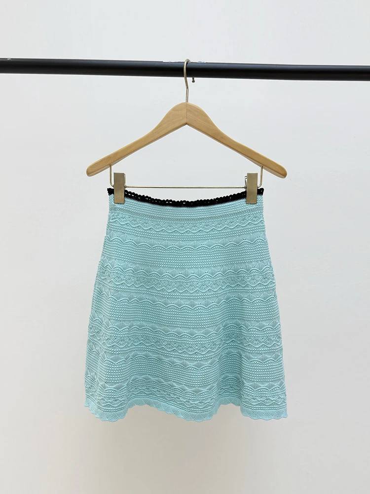Summer Fashion Party Mint Green Color Sexy Knitting Mini Skirt Women's Middle Waist Slim A-Line Flounces Hem Short Skirt