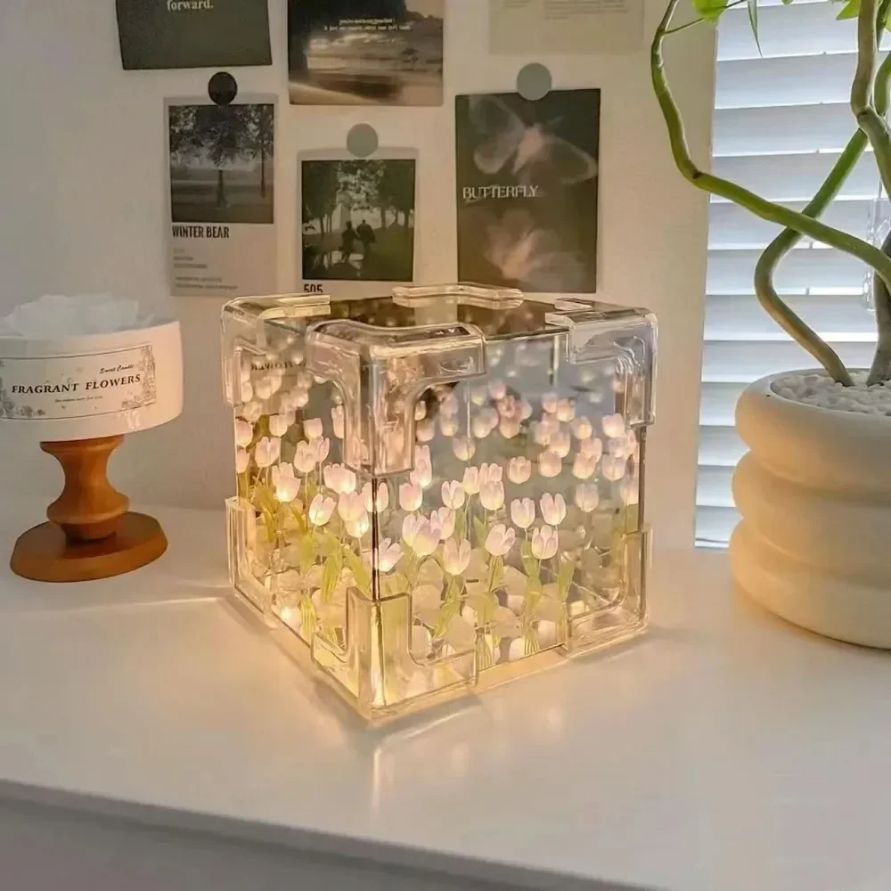 Cube de mer de fleur de tulipe bricolage créatif, petite lampe de nuit tridimensionnelle, matériel GT pour petite amie, couple, petites amies