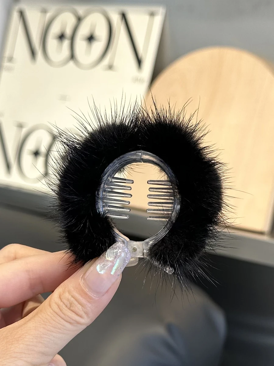 New Hairpin Cute Plush Natural Mink Fur Hair Claw Women Elegant Temperament Real Fur Hairgrips Fashion Hair Accessories