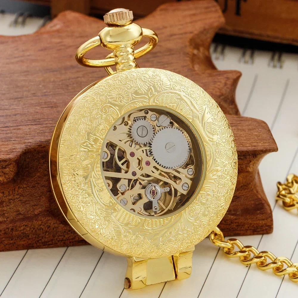 Luxury Gold Personality Mechanical Hand Wind Pocket Watch with Chain Steampunk Vintage Roman Numerals Pocket Fob Watch PJX1748