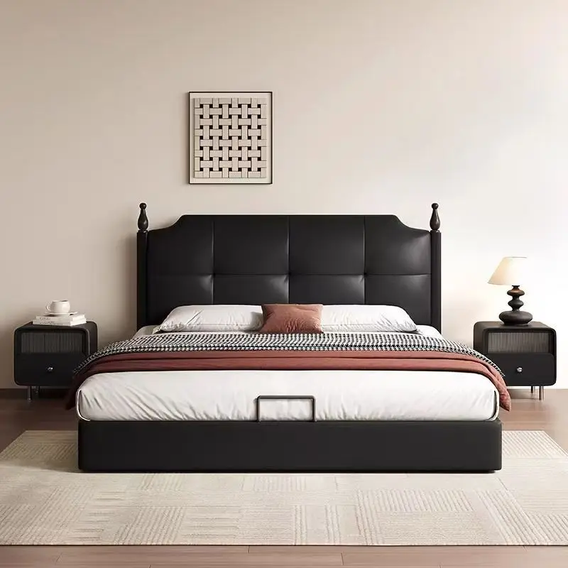 

Bed French medium and ancient wind bed Small apartment storage solid wood double black leather bed high PC and console game