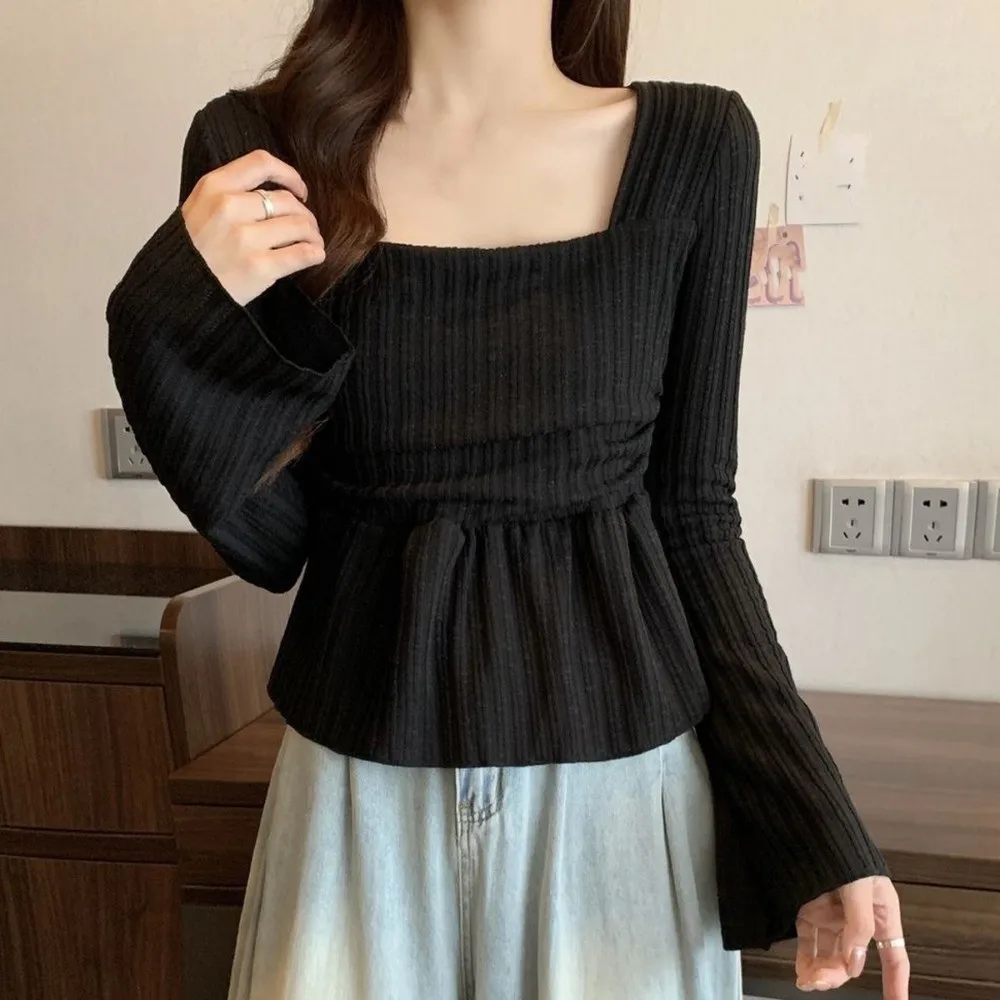 

Универсальные плиссированные подол, милые тонкие топы с квадратным вырезом, тонкая футболка с длинными рукавами, однотонная нижняя рубашка, длинный вязаный топ для женщин