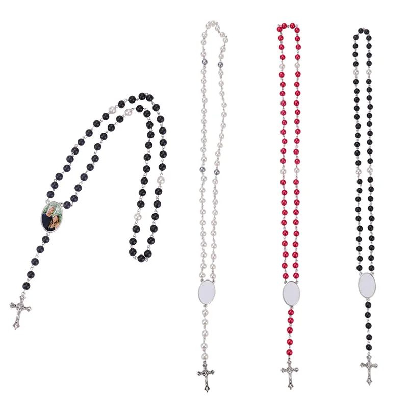 Sublimation Blank Rosary Necklace Cross Border Pendants Necklace Sublimation Blank Jewelry Necklace For DIY Printing Photo Name